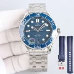 Omega Seamaster Diver 300M – Blue Dial with Wave Pattern and Stainless Steel Bracelet (Includes Free Rubber Strap)