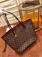 Louis Vuitton-Style Neverfull Tote Bag – Damier Checkered Canvas with Red Lining & Brown Leather Trim - 图片 9