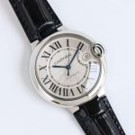 Cartier Ballon Bleu – Women's Stainless Steel Automatic Watch with Silver Dial, Roman Numerals, and Black Alligator Strap