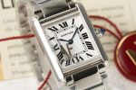 Cartier Tank Française – Women's Stainless Steel Watch with White Dial, Roman Numerals, and Blue Sapphire Crown
