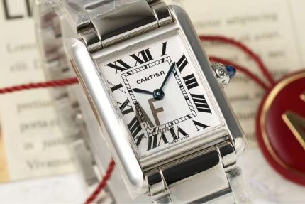 Cartier Tank Française – Women's Stainless Steel Watch with White Dial, Roman Numerals, and Blue Sapphire Crown