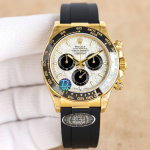 Rolex Daytona Replica Watch – Full Yellow Gold Case, Black Rubber Strap, Distressed White Dial with Chronograph Function