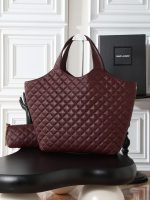 Saint Laurent-Style Quilted Tote Bag Set – Burgundy Leather with Gold-Tone YSL Logo + Matching Clutch - 图片 8