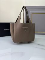 Prada-Style Taupe Leather Tote Bag – Pebbled Texture with Triangular Logo (Neutral Brown)