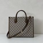 Gucci-Style Top Handle Tote Bag – Beige GG Monogram Canvas with Brown Leather Trim & Central Logo Patch - 图片 6
