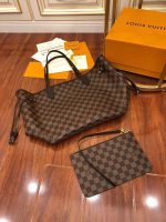 Louis Vuitton-Style Neverfull Tote Bag – Damier Checkered Canvas with Red Lining & Brown Leather Trim - 图片 5