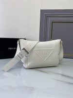 Prada-Style White Calf Leather Crossbody Bag – Embossed Triangular Logo with Buckle Strap - 图片 7
