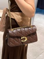 COACH C Logo Quilted Shoulder Bag – Dark Brown Leather, Gold-Tone Chain Strap, Signature C Clasp, Designer Flap Bag