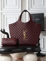 Saint Laurent-Style Quilted Tote Bag Set – Burgundy Leather with Gold-Tone YSL Logo + Matching Clutch - 图片 10