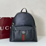Gucci-Style Ophidia Mini Backpack – Black Leather with Red & Green Web Stripe, Gold-Tone Double G Buckle & Front Pocket