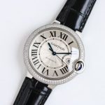 Cartier Ballon Bleu – Women's White Gold Watch with Diamond Bezel, Silver Dial, and Black Alligator Strap