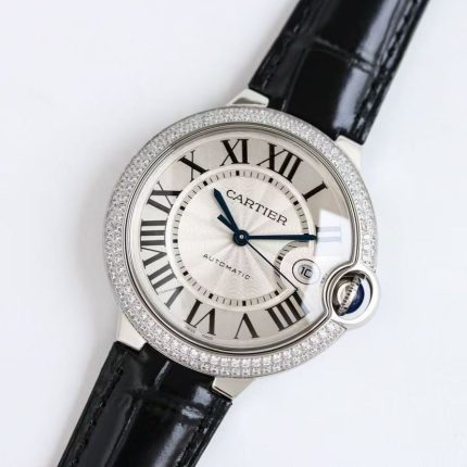 Cartier Ballon Bleu – Women's White Gold Watch with Diamond Bezel, Silver Dial, and Black Alligator Strap