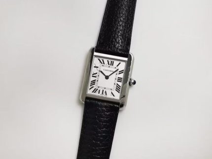 Cartier Tank Solo – Women's Stainless Steel Watch with White Dial, Roman Numerals, and Black Leather Strap