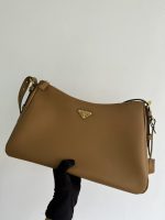 Prada-Style Caramel Leather Shoulder Bag – Minimalist Design with Triangular Logo