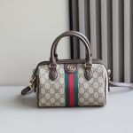 Gucci-Style Top Handle Mini Bag – Beige GG Monogram Canvas with Red & Green Web Stripe, Double G Buckle & Brown Leather Trim