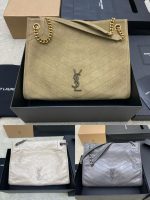 Saint Laurent-Style Tote Bag – Burgundy Quilted Leather with Metallic YSL Logo & Dual Handles – Designer-Inspired Work & Travel Bag for Women