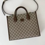 Gucci-Style Top Handle Tote Bag – Beige GG Monogram Canvas with Brown Leather Trim & Central Logo Patch - 图片 8
