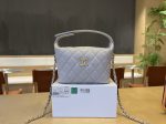 Chanel-Style Mini Vanity Bag – Pale Blue Caviar Leather with Gold-Tone CC Logo & Dual Chain Strap