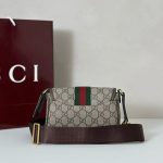 Gucci-Style Ophidia Mini Crossbody Bag – Beige GG Monogram Canvas with Red & Green Web Stripe, Gold-Tone Double G Buckle & Adjustable Strap