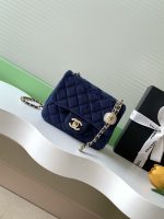 Chanel-Style Velvet Flap Bag – Classic Quilted Design with Gold-Tone Chain & Pearl Ball Charm (Multi-Color Available)