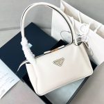 Prada-Style White Leather Top-Handle Bag – Minimalist Design with Gold-Tone Triangular Logo