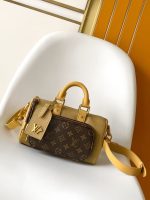 Louis Vuitton-Style Mini Pochette Bag – Beige Leather with Brown Monogram Panel & Gold-Tone Hardware
