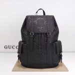 Gucci-Style GG Supreme Backpack – Dark Blue & Black Monogram Canvas with Leather Trim & Oval Logo Patch