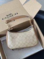 COACH Signature Chain Handle Bag – Beige Monogram Canvas, Gold-Tone Chain Strap, Mini Crossbody, Designer Handbag