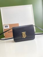 Burberry TB Monogram Mini Crossbody Bag – Black Grain Leather, Gold-Tone Logo Clasp, Designer Handbag