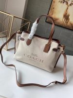 COACH City Tote Bag – Beige Canvas, Brown Leather Trim, Logo Embossing, Everyday Designer Tote