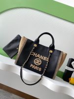 Chanel-Style Tote Bag – Black Leather with Raffia Trim & Embroidered “CHANEL PARIS” Logo