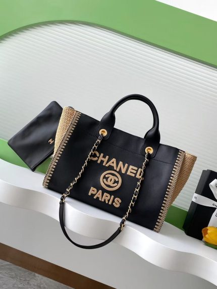 Chanel-Style Tote Bag – Black Leather with Raffia Trim & Embroidered “CHANEL PARIS” Logo