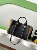 Chanel-Style Tote Bag – Black Leather with Raffia Trim & Embroidered “CHANEL PARIS” Logo - 图片 5