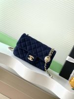 Chanel-Style Velvet Flap Bag – Classic Quilted Design with Gold-Tone Chain & Pearl Ball Charm (Multi-Color Available)