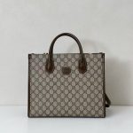 Gucci-Style Top Handle Tote Bag – Beige GG Monogram Canvas with Brown Leather Trim & Central Logo Patch