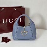 Gucci-Style Hobo Mini Handbag – Dusty Blue Pebbled Leather with Gold-Tone Metal Clasp & Curved Silhouette