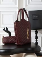 Saint Laurent-Style Quilted Tote Bag Set – Burgundy Leather with Gold-Tone YSL Logo + Matching Clutch - 图片 5