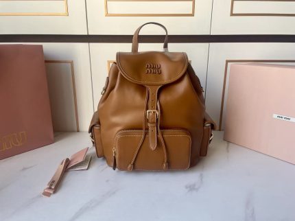Miu Miu-Style Mini Backpack – Classic Flap Design, Embossed Logo, Premium Leather with Front Zip Pocket and Adjustable Straps
