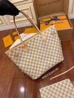 Louis Vuitton-Style Neverfull Tote Bag – Damier Checkered Canvas with Red Lining & Brown Leather Trim