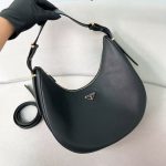 Prada-Style Black Calf Leather Crossbody Bag – Embossed Triangular Logo with Buckle Strap