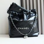 Chanel-Style Metallic Drawstring Tote – Black Foil Leather with Embossed Logo & Chain Strap