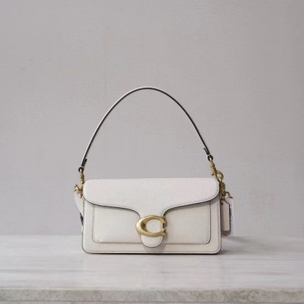 COACH C Logo Flap Bag – White Leather, Minimalist Design, Signature C Hardware, Designer Crossbody Bag