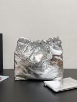 Chanel-Style Metallic Drawstring Tote – Silver Foil Leather with Embossed Logo & Chain Strap
