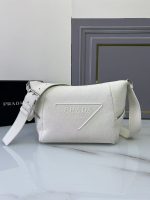 Prada-Style White Calf Leather Crossbody Bag – Embossed Triangular Logo with Buckle Strap