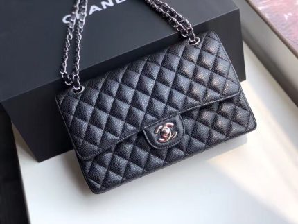 Chanel-Style Classic Flap Bag – Black Caviar Leather with Silver-Tone CC Logo & Timeless Quilted Design