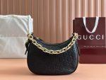 Gucci-Style Marmont Mini Moon Bag – Black Embossed GG Leather with Gold-Tone Chain Strap & Curved Silhouette