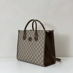 Gucci-Style Top Handle Tote Bag – Beige GG Monogram Canvas with Brown Leather Trim & Central Logo Patch - 图片 3