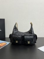 Chanel-Style Double Pocket Hobo Bag – Black Glossy Leather with Dual CC Logo Pockets & Gold-Tone Chain
