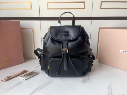Miu Miu-Style Mini Backpack – Classic Flap Design, Embossed Logo, Premium Leather with Front Zip Pocket and Adjustable Straps