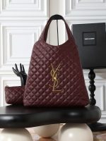 Saint Laurent-Style Quilted Tote Bag Set – Burgundy Leather with Gold-Tone YSL Logo + Matching Clutch